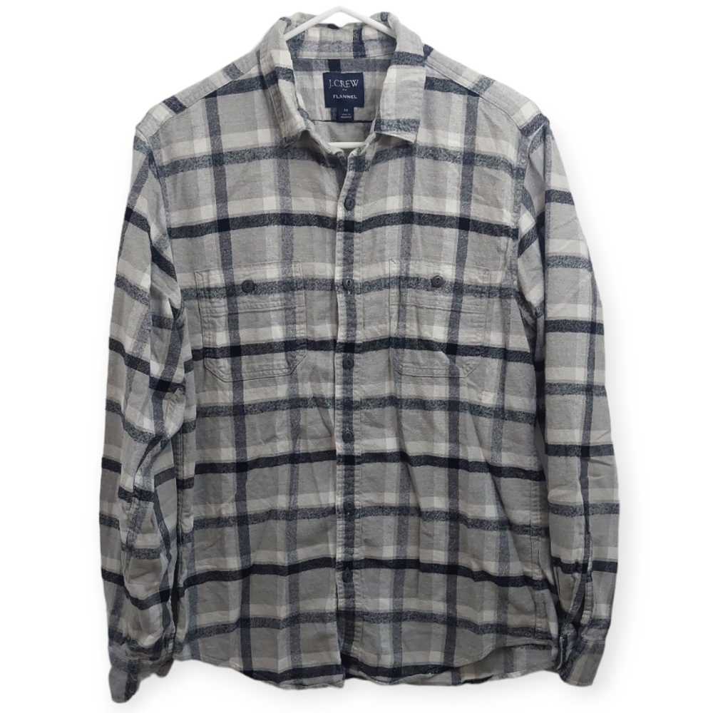 J. Crew Men's Size Medium Flannel Shirt Gray White Long Sleeve
